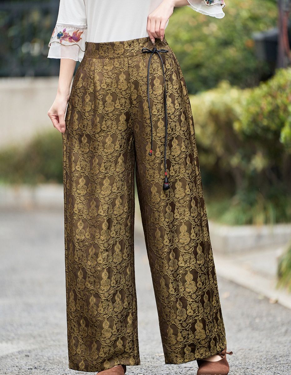  Q387-Quần Dệt Thêu Hoa Nghệ Thuật Lưng Thun 