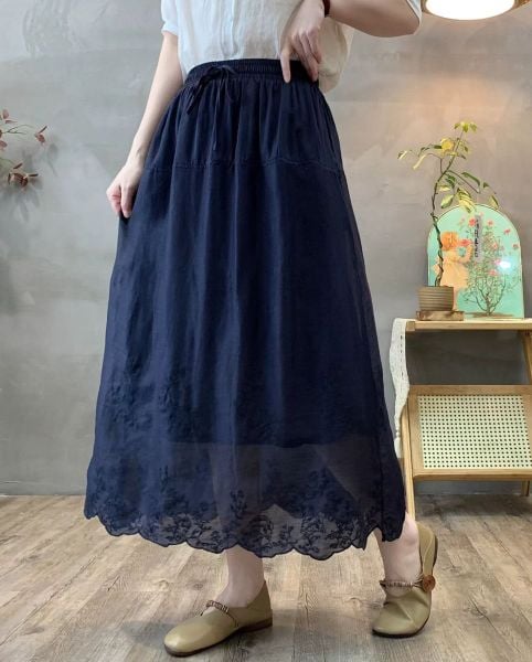  Q417-Chân Váy Ramie Thêu Nghệ Thuật Xòe Nhẹ Nhàng 