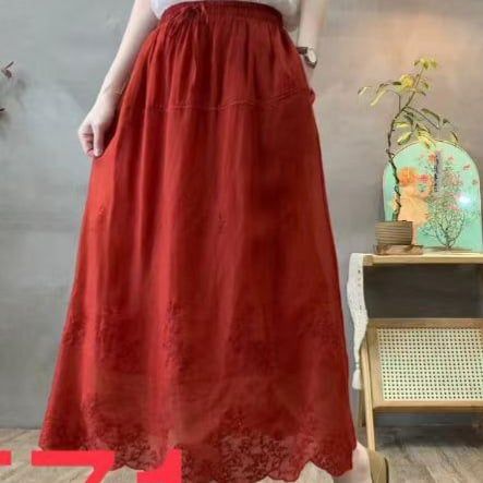  Q417-Chân Váy Ramie Thêu Nghệ Thuật Xòe Nhẹ Nhàng 