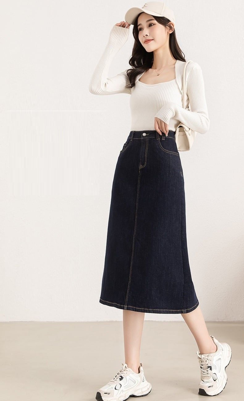  Q421-Chân Váy Jeans Mềm Mại Nhẹ Nhàng Chữ A 