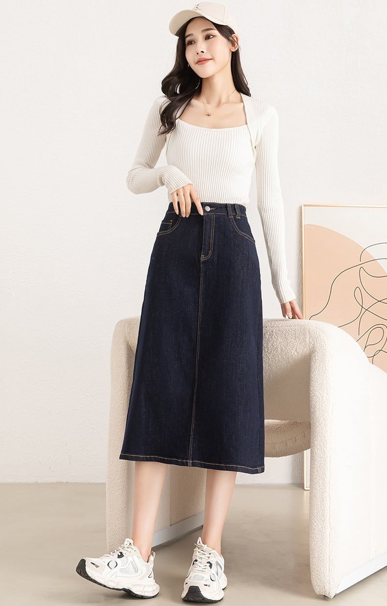  Q421-Chân Váy Jeans Mềm Mại Nhẹ Nhàng Chữ A 