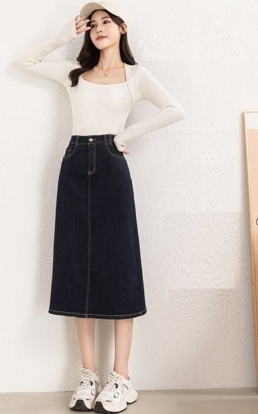  Q421-Chân Váy Jeans Mềm Mại Nhẹ Nhàng Chữ A 