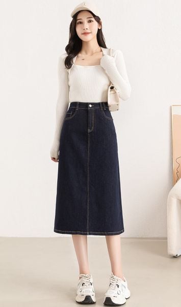 Q421-Chân Váy Jeans Mềm Mại Nhẹ Nhàng Chữ A 