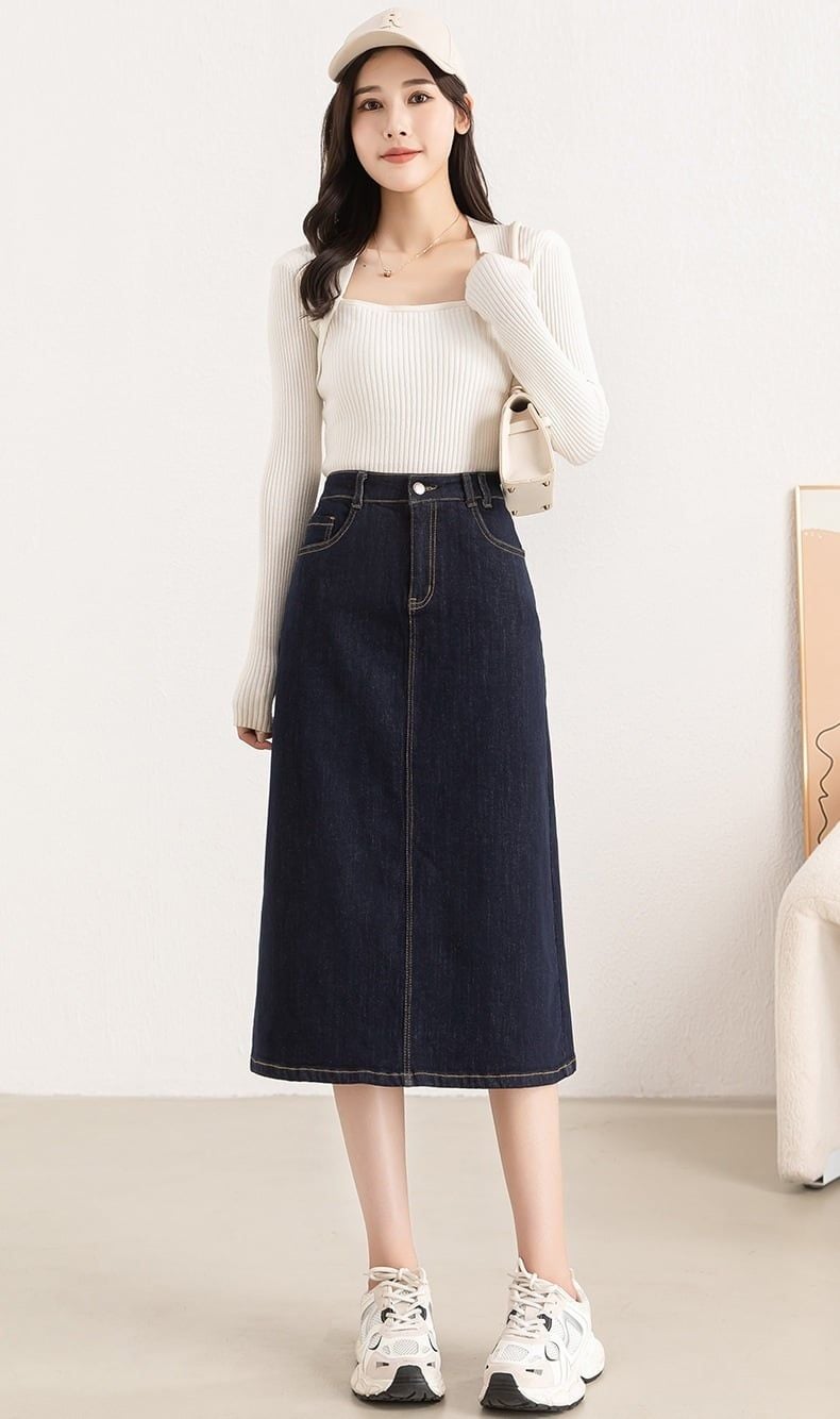  Q421-Chân Váy Jeans Mềm Mại Nhẹ Nhàng Chữ A 