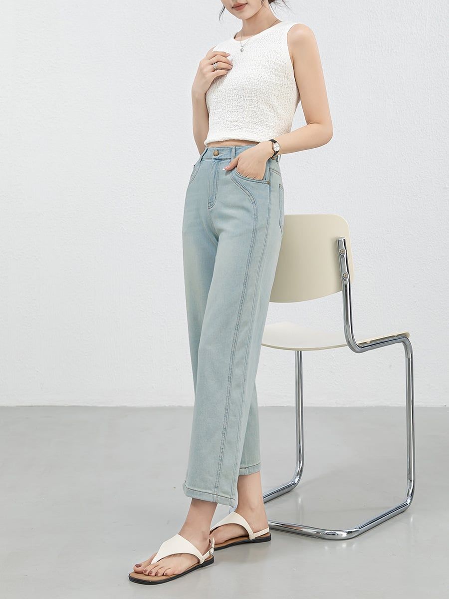  Q426-Quần Jeans Lụa Ống Đứng Sườn Đôi Nghệ Thuật 9 Tấc 