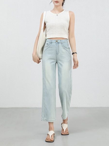  Q426-Quần Jeans Lụa Ống Đứng Sườn Đôi Nghệ Thuật 9 Tấc 