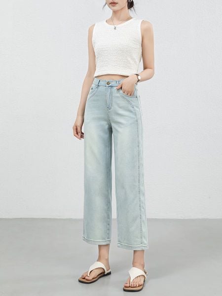  Q426-Quần Jeans Lụa Ống Đứng Sườn Đôi Nghệ Thuật 9 Tấc 