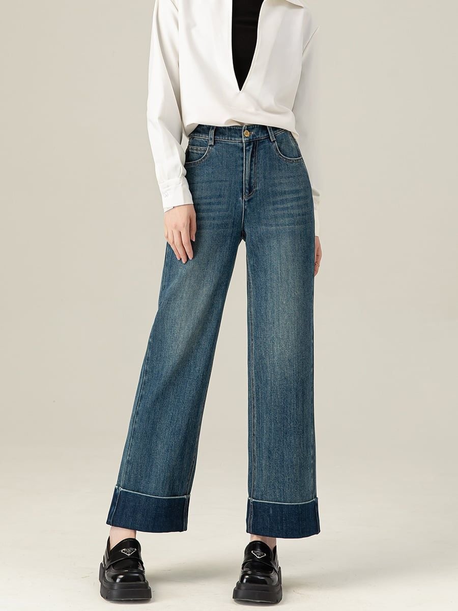  Q435-Quần Jeans Lụa Ống Đứng Lật Lai 