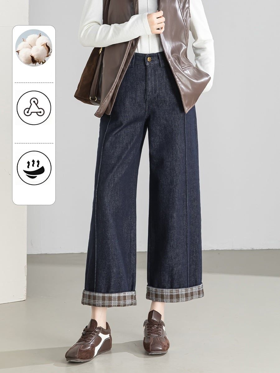  Q461-Quần Jeans Lụa Ống Rộng Xắn Gấu Caro 9 Tấc 