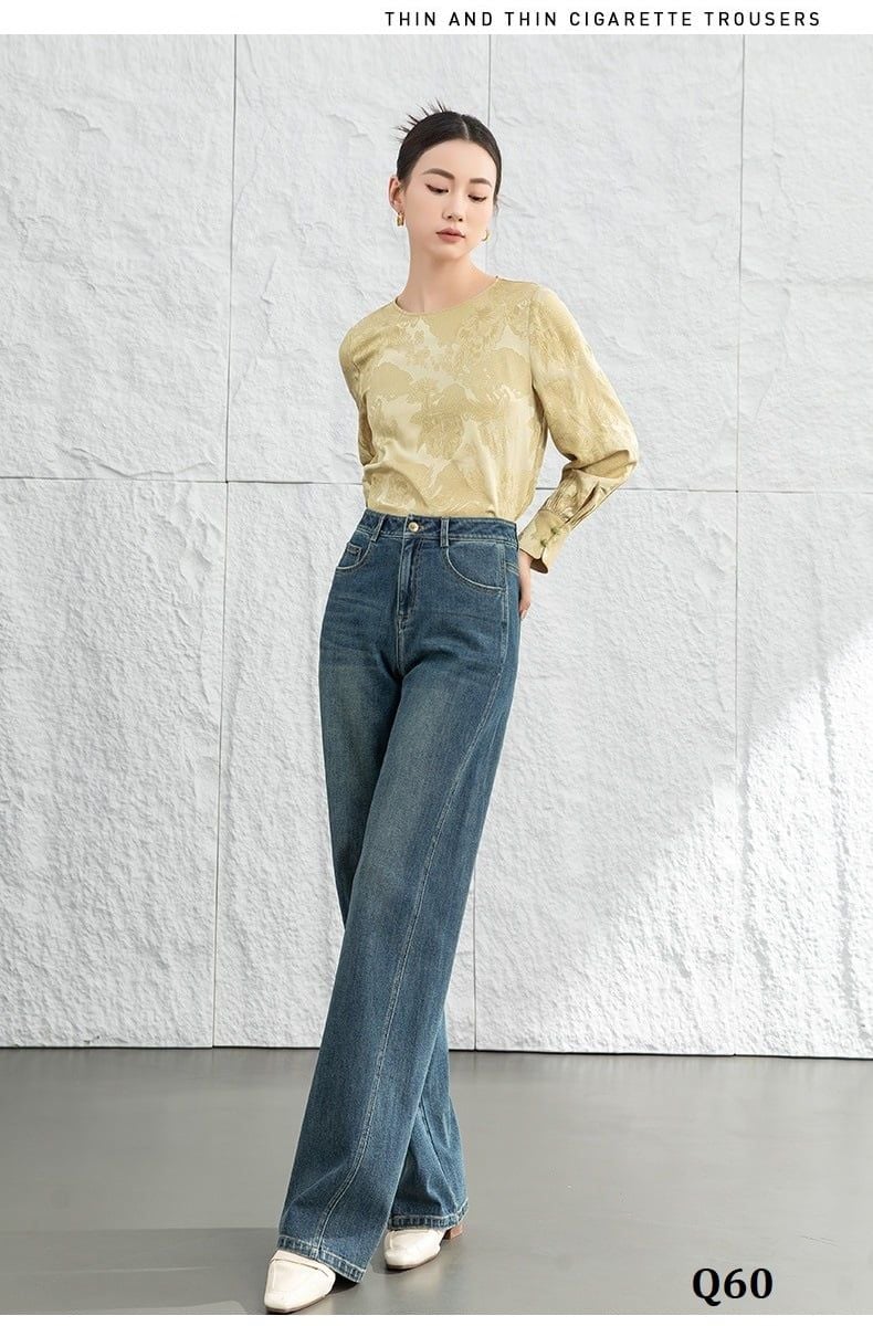  Q60-Quần Jean Wash Nhẹ Ống Suông Lưng Cao 