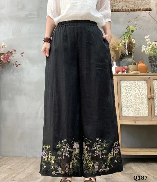  Q187-Quần Ramie Ống Rộng Thêu Phong Cảnh 