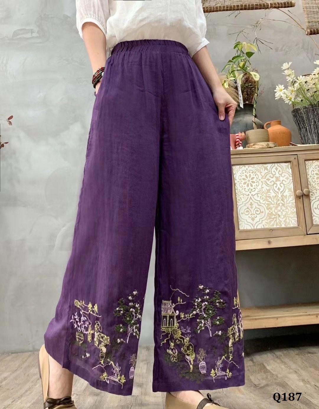  Q187-Quần Ramie Ống Rộng Thêu Phong Cảnh 