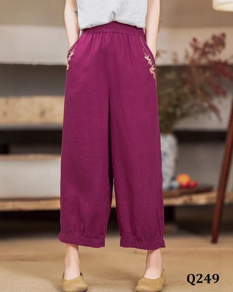  Q249-Quần Linen Ống Rộng Thêu Túi Bo Gấu 