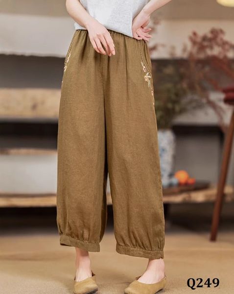  Q249-Quần Linen Ống Rộng Thêu Túi Bo Gấu 