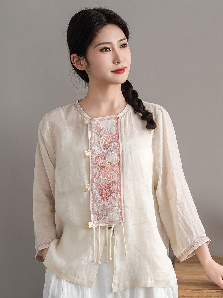  A601-Áo Ramie Thêu Tua Rua Thanh Lịch Cổ Điển 