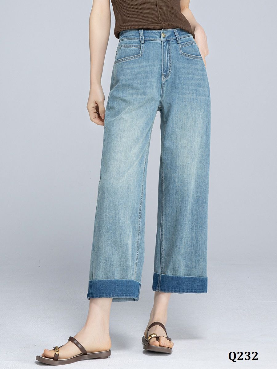  Q232-Quần Jeans Ống Đứng Lưng Cao Phối Thun 9 Tấc 