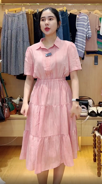  D194-Đầm Linen Tencel Nhún Tầng Màu Loang 