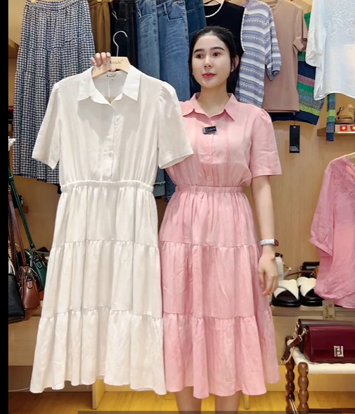  D194-Đầm Linen Tencel Nhún Tầng Màu Loang 