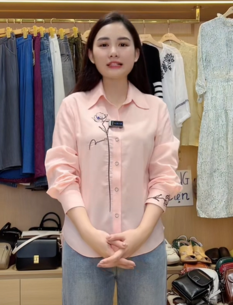  A876-Áo Linen Tencel Thêu Hoa Hồng 