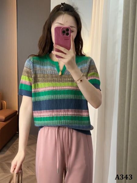  A343-Áo Len Sắc Màu Cầu Vồng Tay Ngắn 