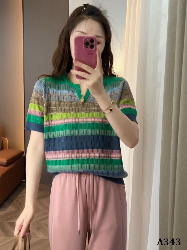  A343-Áo Len Sắc Màu Cầu Vồng Tay Ngắn 