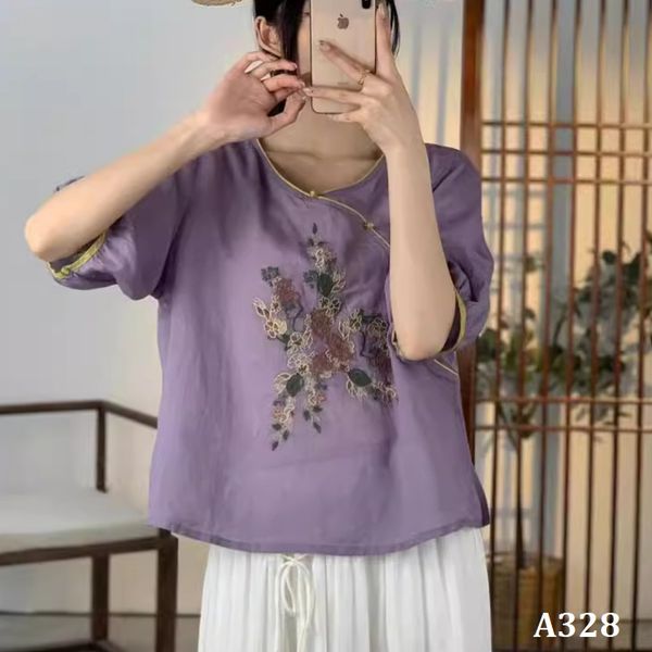  A328-Áo Ramie Thêu Nút Xéo Nghệ Thuật 