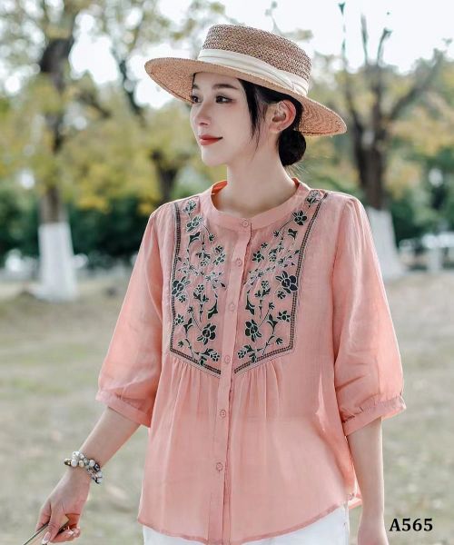  A565-Áo Ramie Thêu Hoa Cổ Đứng Tay Lỡ 
