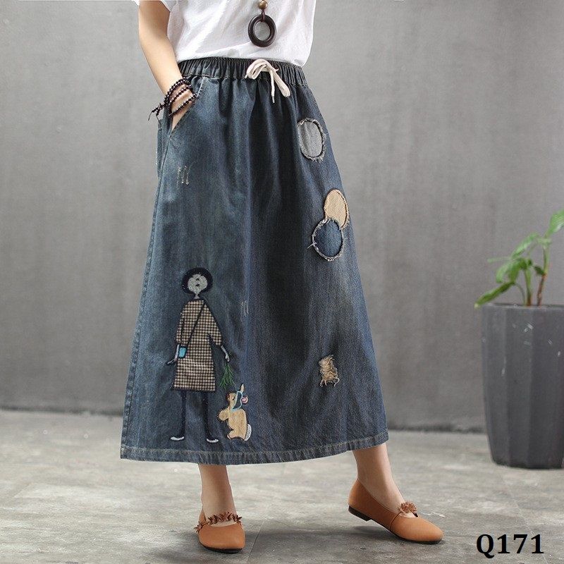  Q171-Chân Váy Jeans Khâu Vá Hoạt Hình 