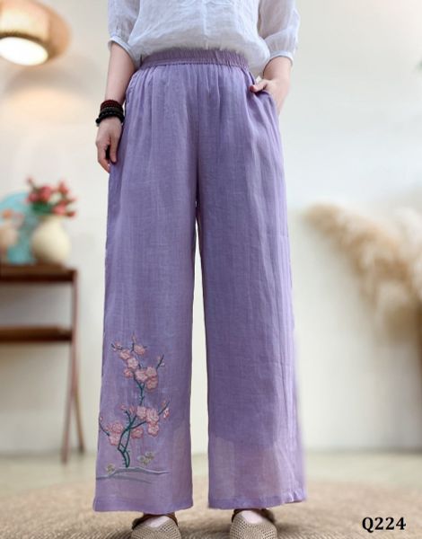  Q224-Quần Ramie Ống Rộng Thêu Cây Hoa 