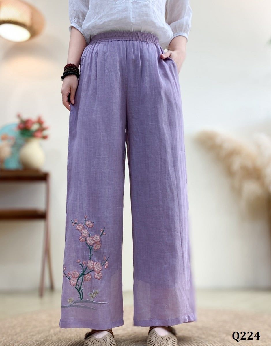  Q224-Quần Ramie Ống Rộng Thêu Cây Hoa 