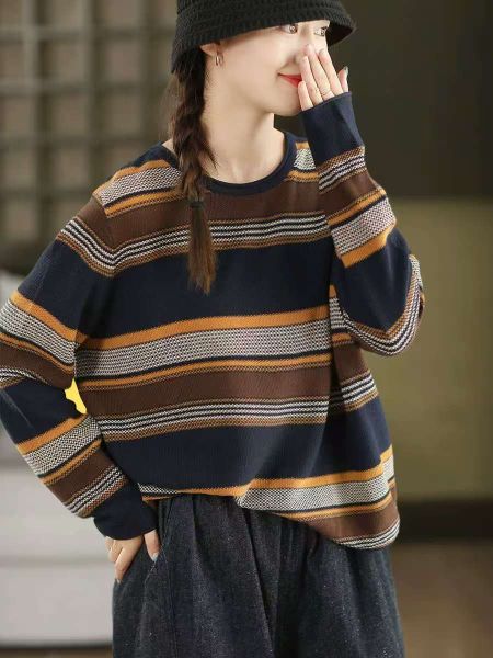  A762-Áo Len Dệt Kim Cotton Kẻ Sọc Hoài Cổ Mùa Thu 