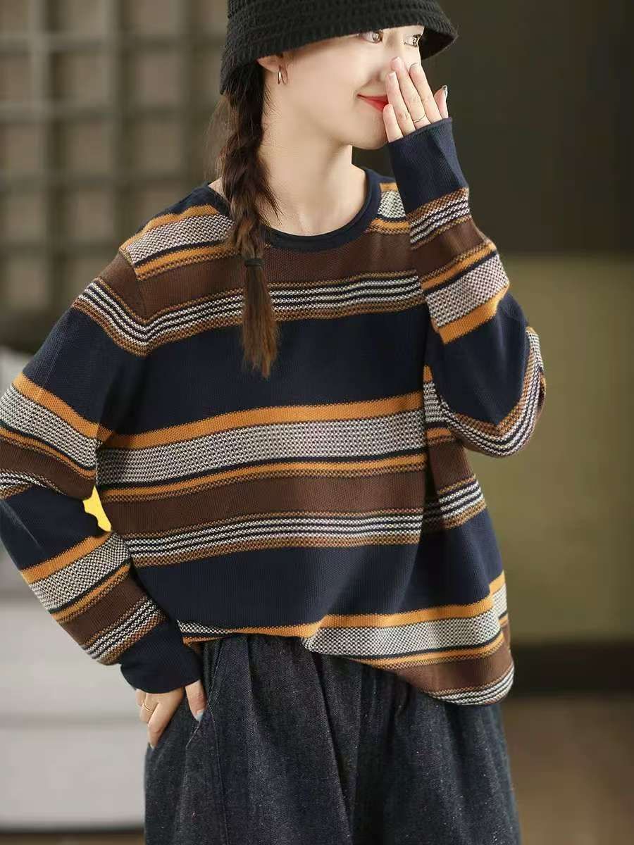  A762-Áo Len Dệt Kim Cotton Kẻ Sọc Hoài Cổ Mùa Thu 