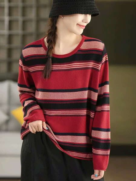  A762-Áo Len Dệt Kim Cotton Kẻ Sọc Hoài Cổ Mùa Thu 