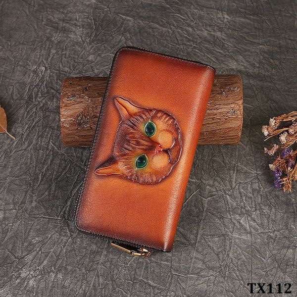  TX112-Ví Cầm Tay Da Thật Mèo May Mắn 