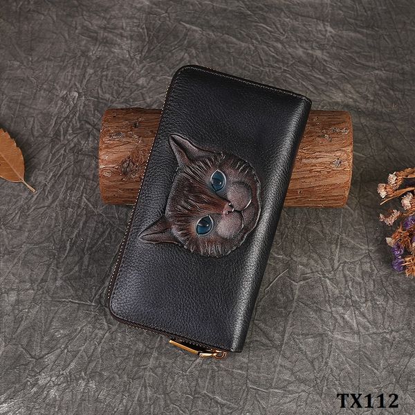  TX112-Ví Cầm Tay Da Thật Mèo May Mắn 