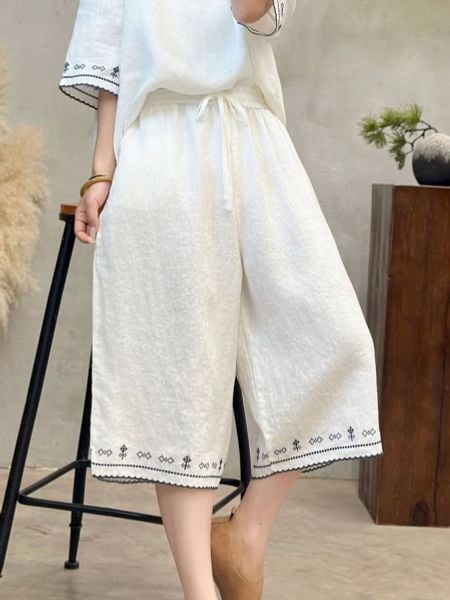  Q289-Quần Lửng Linen Ống Rộng Thêu Viền Ống 