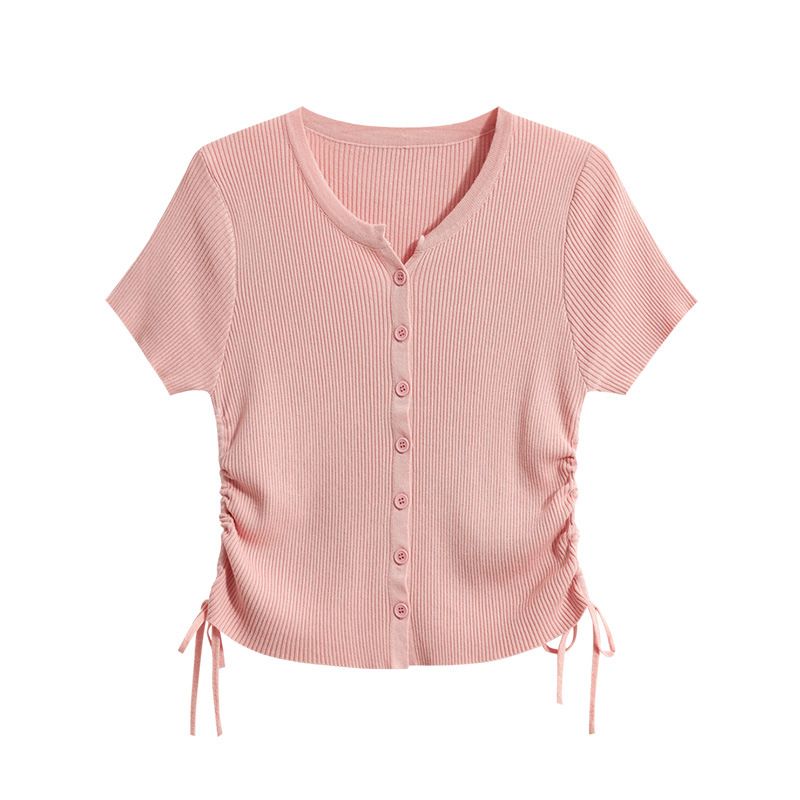  A402-Áo Len Lụa Băng Ngắn Tay Nhiều Nút Rút Eo 