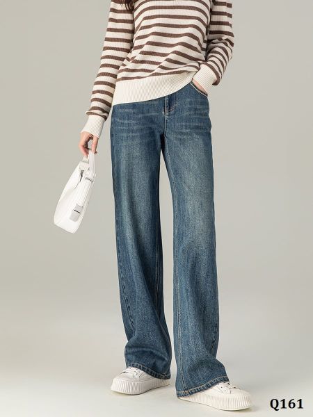  Q161-Quần Jeans Lụa Ống Suông Điểm Chỉ Thêu 