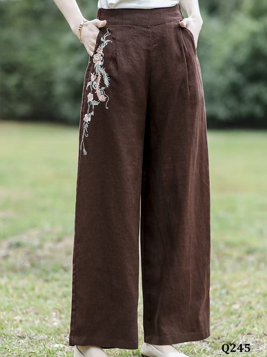  Q245-Quần Linen Ống Rộng Thêu Hoa Bên Túi 