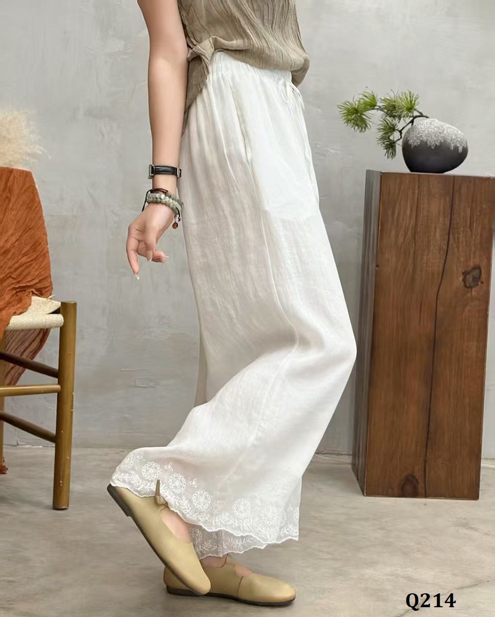  Q214-Quần Ramie Ống Rộng Lai Thêu Hoa Văn 