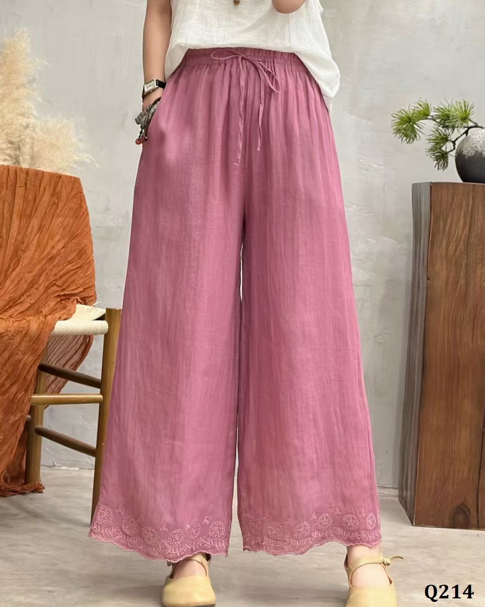  Q214-Quần Ramie Ống Rộng Lai Thêu Hoa Văn 