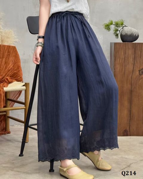  Q214-Quần Ramie Ống Rộng Lai Thêu Hoa Văn 