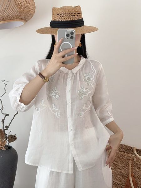  A646-Áo Ramie Thêu Hạt Cườm Nghệ Thuật 