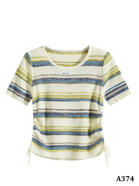  A374-Áo Len Sọc Ngang Phối Màu Rút Eo 