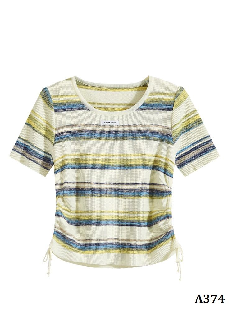  A374-Áo Len Sọc Ngang Phối Màu Rút Eo 