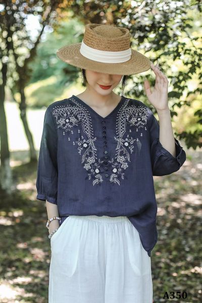  A350-Áo Ramie Thêu Hoa Lá Đối Xứng 