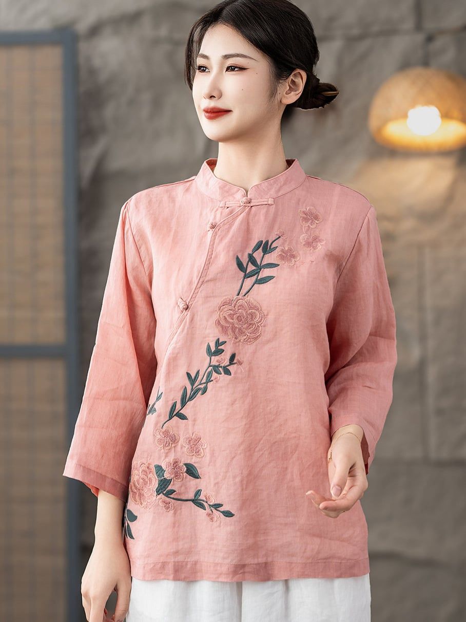  A558-Áo Ramie Thêu Hoa Văn Học Cổ Đứng 