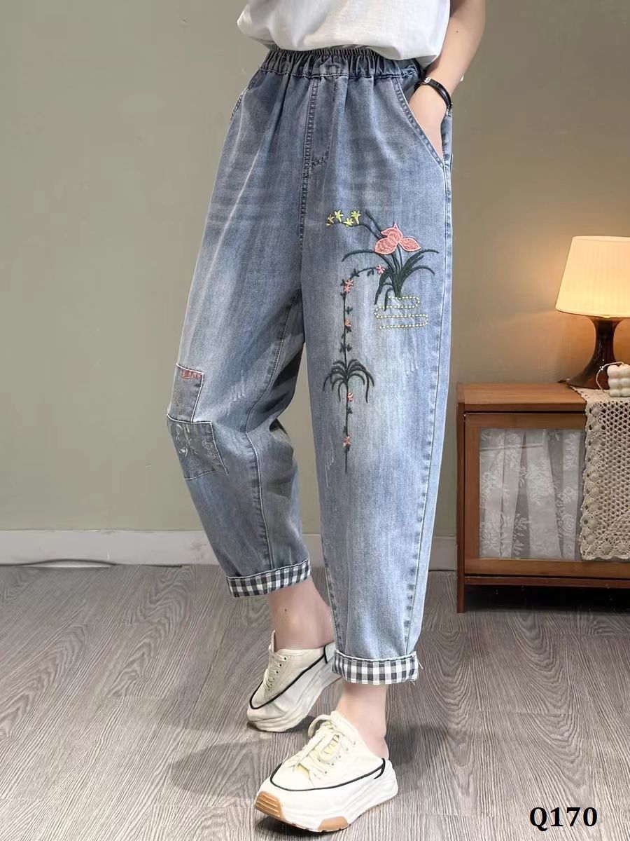  Q170-Quần Jeans Retro Thêu Hoa 9 Tấc 