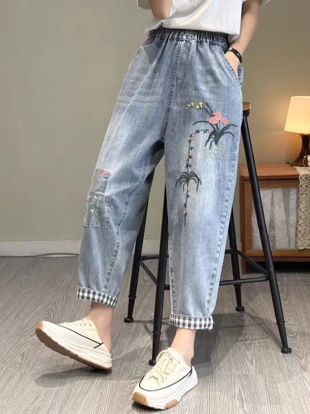  Q170-Quần Jeans Retro Thêu Hoa 9 Tấc 