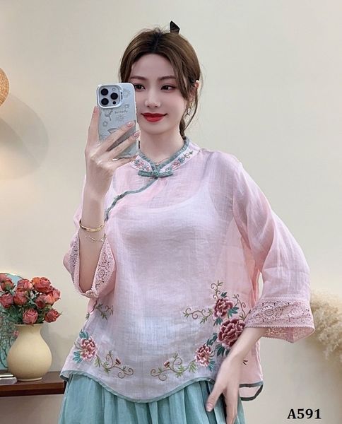  A591-Áo Ramie Nút Xiên Cổ Điển  Thêu Hoa Nghệ Thuật 